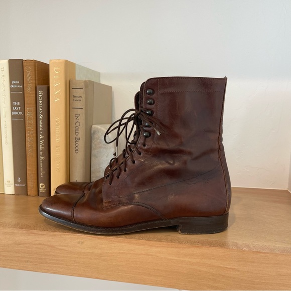 Vintage Ralph Lauren Brown Leather Lace Up Ankle Victorian Doughboy Ankle Boots